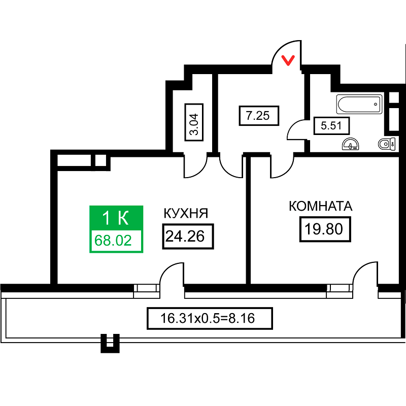 Планировка 1-к квартиры в ЖК Время - Тип 1