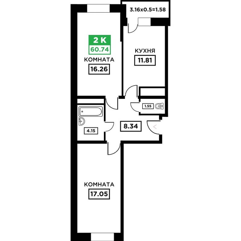 Планировка 2-к квартиры в ЖК Поколение - Тип 1