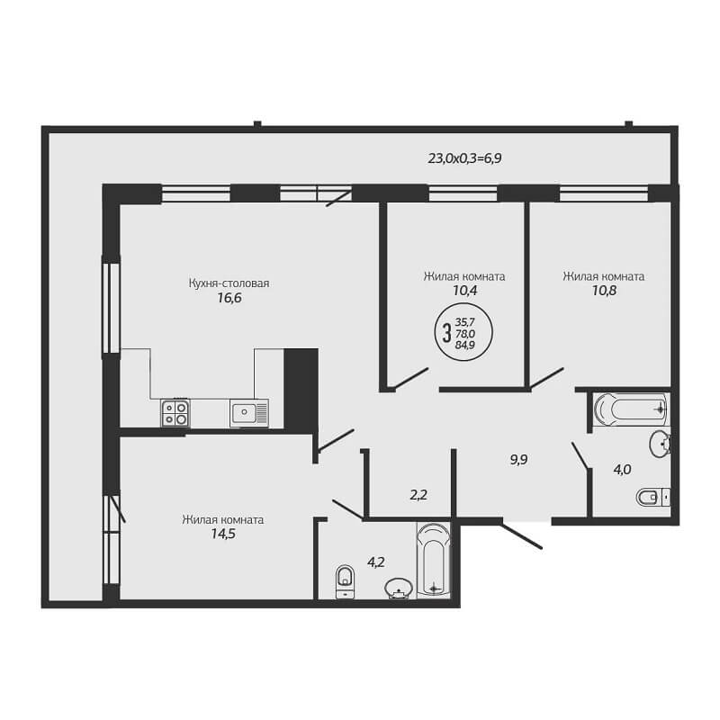 Планировка 3-к квартиры - Тип 4
