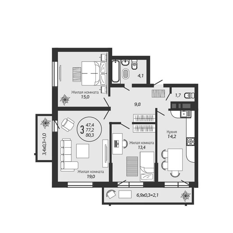 Планировка 3-к квартиры ЖК Премьера - Тип 1