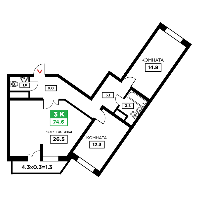 Планировка 3-к квартиры в ЖК Свобода