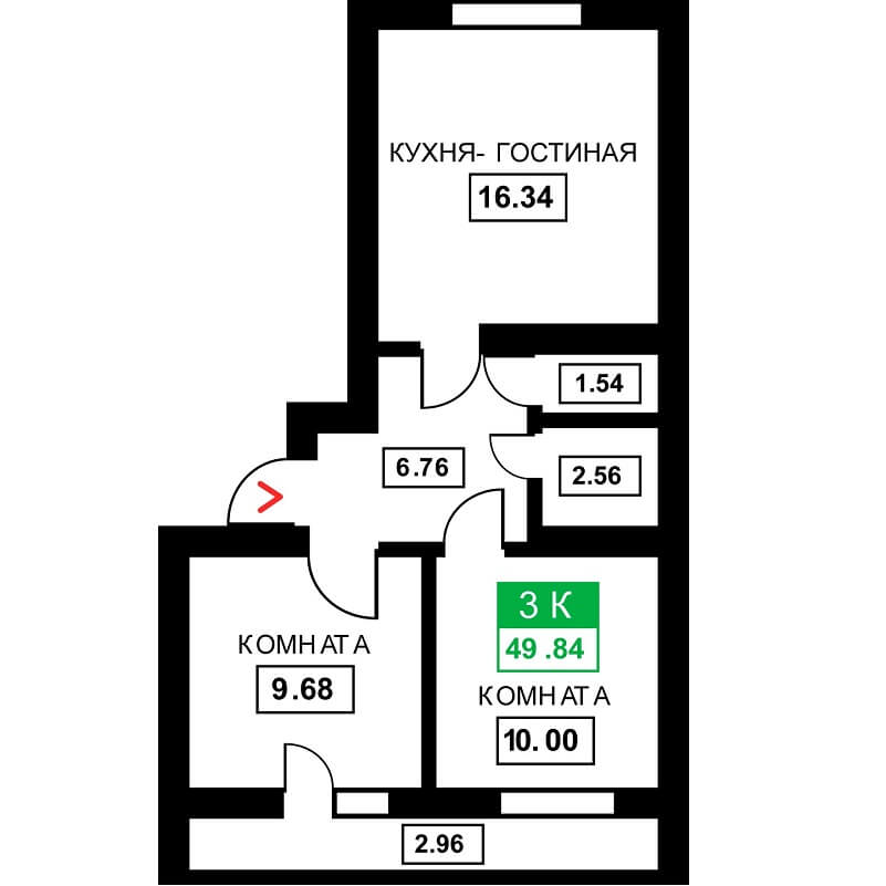 Планировка 3-к. кв., S = 49,84 м²