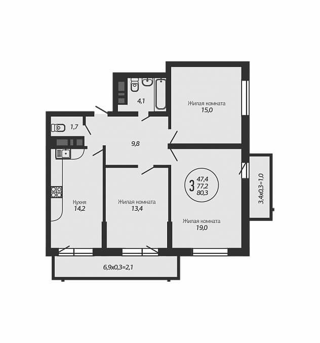 Планировка 3-к квартиры - Тип 6
