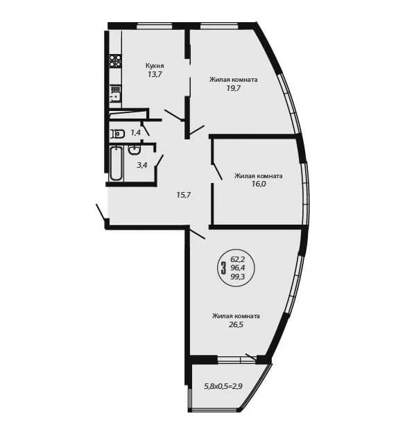 Планировка 3-к квартиры - Тип 2 бабочка