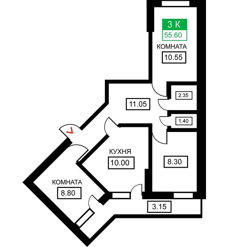 Планировка 3-к. кв., S = 55,60 м² - Тип 2