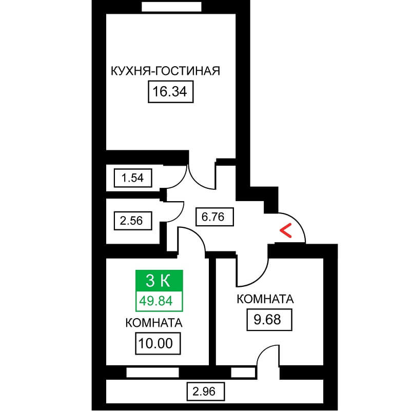 Планировка 3-к. кв., S = 49,84 м² - Тип 2