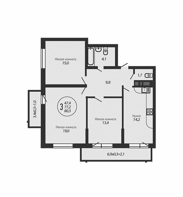 Планировка 3-к квартиры в ЖК Ясный - Тип 2