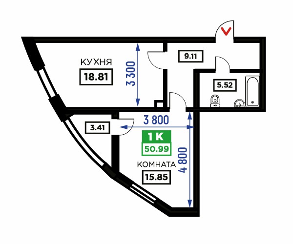 Планировка 1-к квартиры, S = 50,99 / 15,85 м²