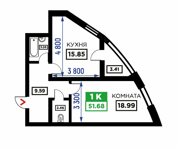 Планировка 1-к квартиры, S = 51,68 / 18,99 м²