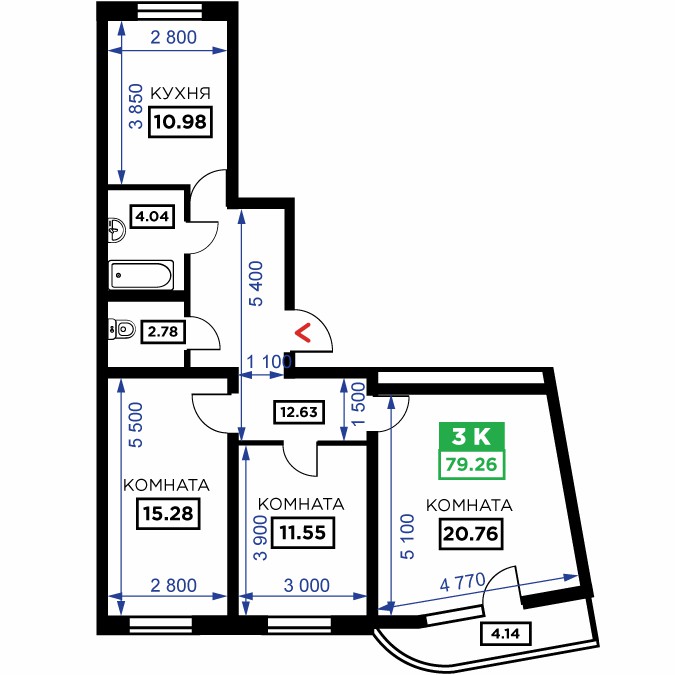 Планировка 1-к квартиры, S = 79,26 / 47,59 м²