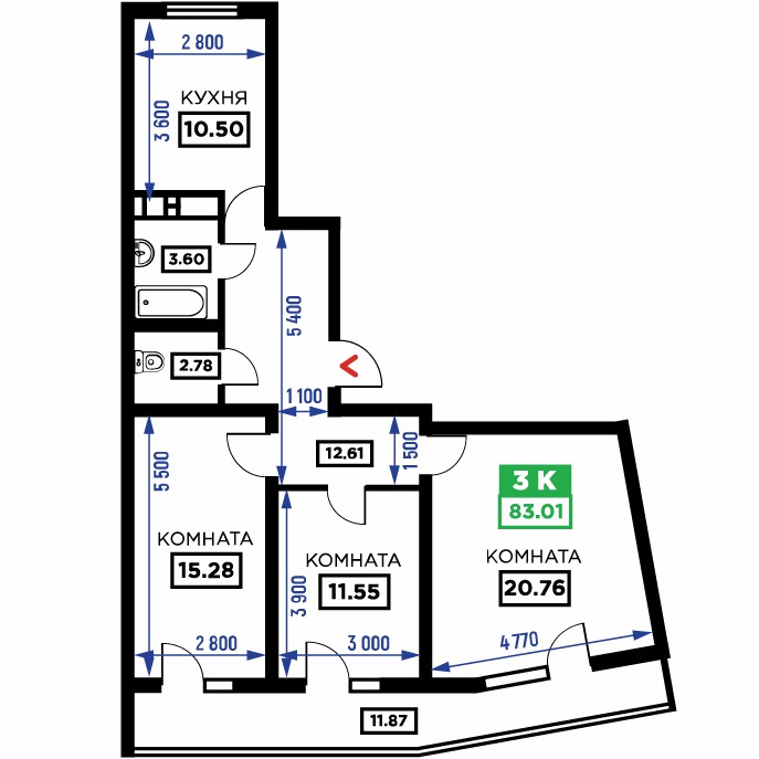 Планировка 1-к квартиры, S = 83,01 / 47,59 м²