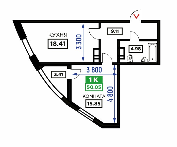 Планировка 1-к квартиры, S = 50,05 / 15,85 м²