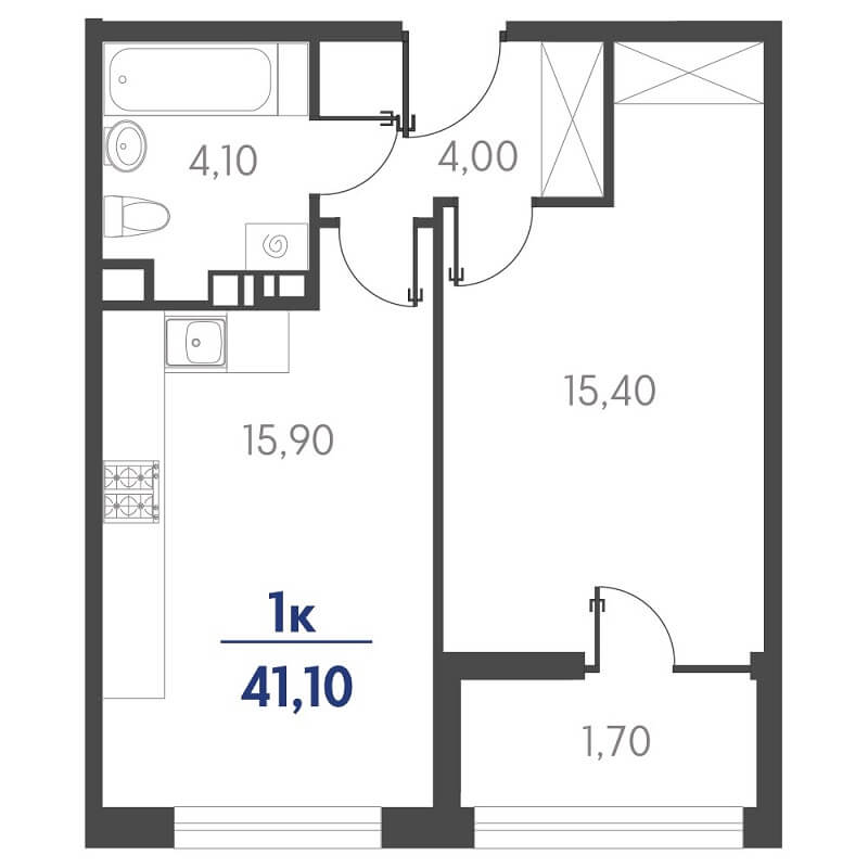 Планировка 1-к. кв., S = 41,10 / 15,50 м² - Тип 2