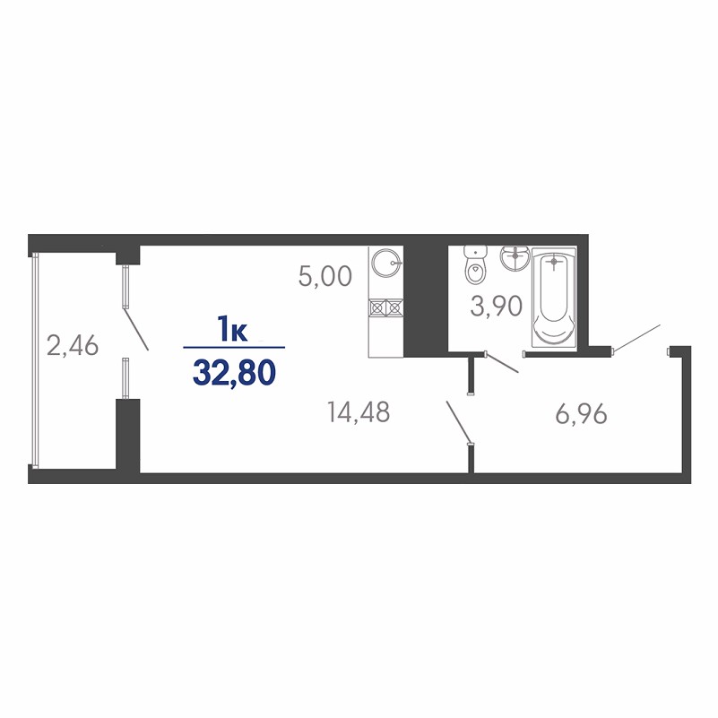 Планировка квартиры студии на продажу S = 32,80 / 19,48 м²
