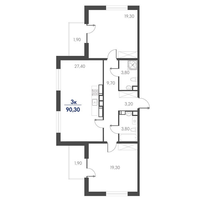 Планировка трехкомнатной квартиры на продажу, S = 90,30 / 38,60 м²