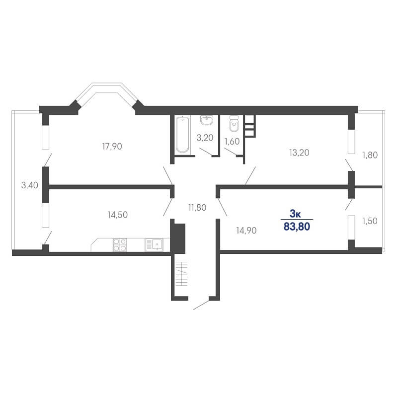 Планировка 3 комнатной квартиры № 846 на продажу, S = 83,80 / 46,00 м²