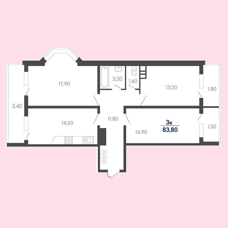 Планировка 3 комнатной квартиры № 857 на продажу, S = 83,80 / 46,00 м²