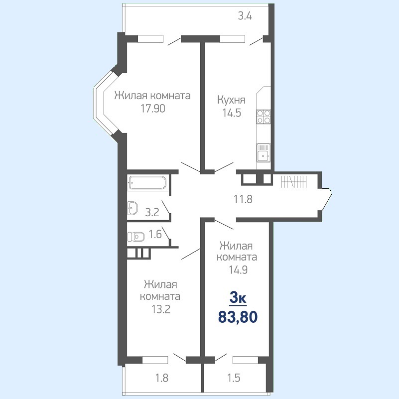 Планировка трехкомнатной квартиры № 90 на продажу, S = 83,80 / 46,00 м²