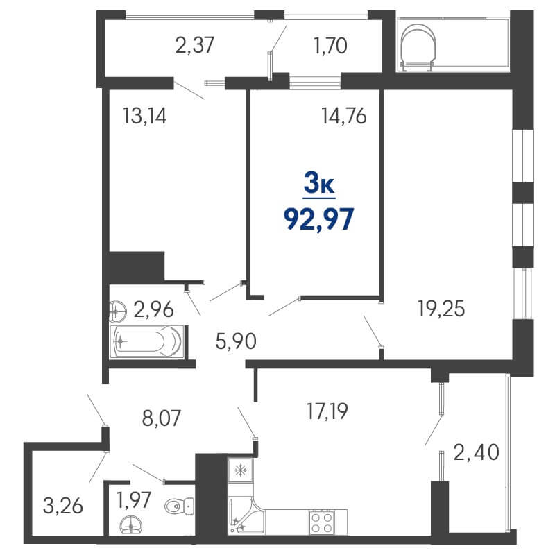 Планировка трехкомнатной квартиры № 18 на продажу S = 92,97 / 47,15 м²