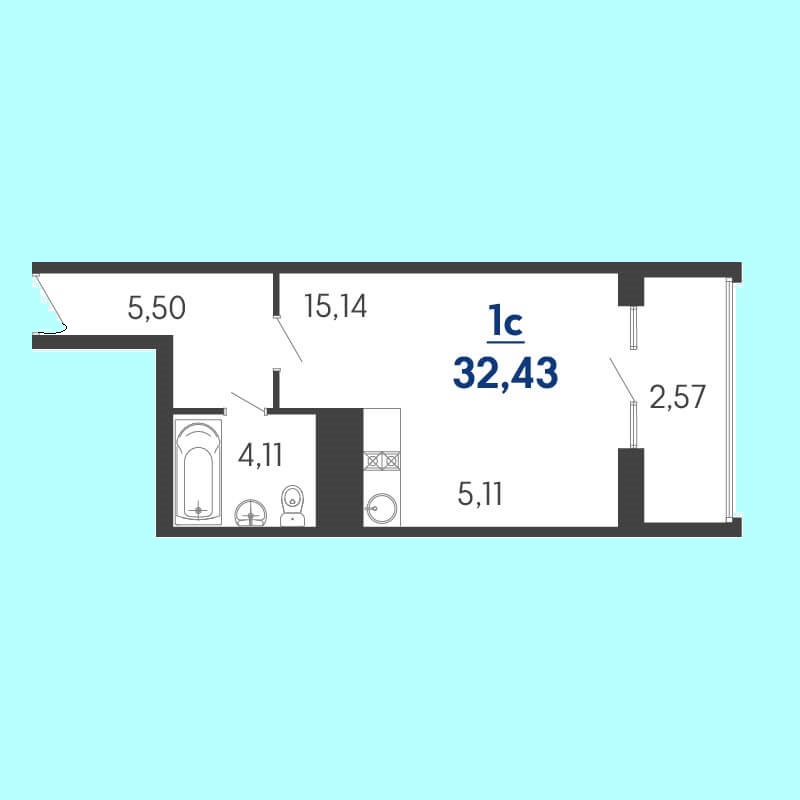 Планировка квартиры студии № 19 на продажу S = 32,43 / 15,14 м²