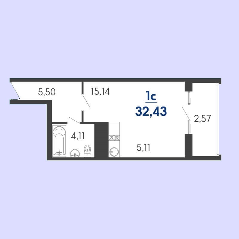 Планировка квартиры студии № 41 на продажу S = 32,43 / 15,14 м²
