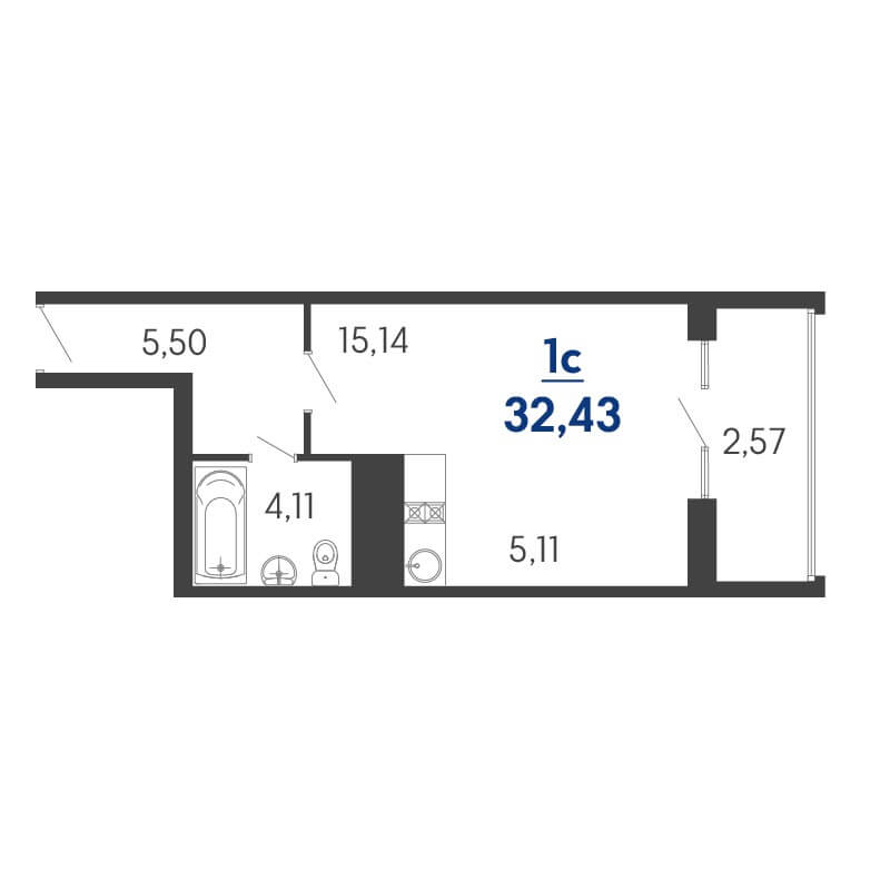 Планировка квартиры студии № 8 на продажу S = 32,43 / 15,14 м²