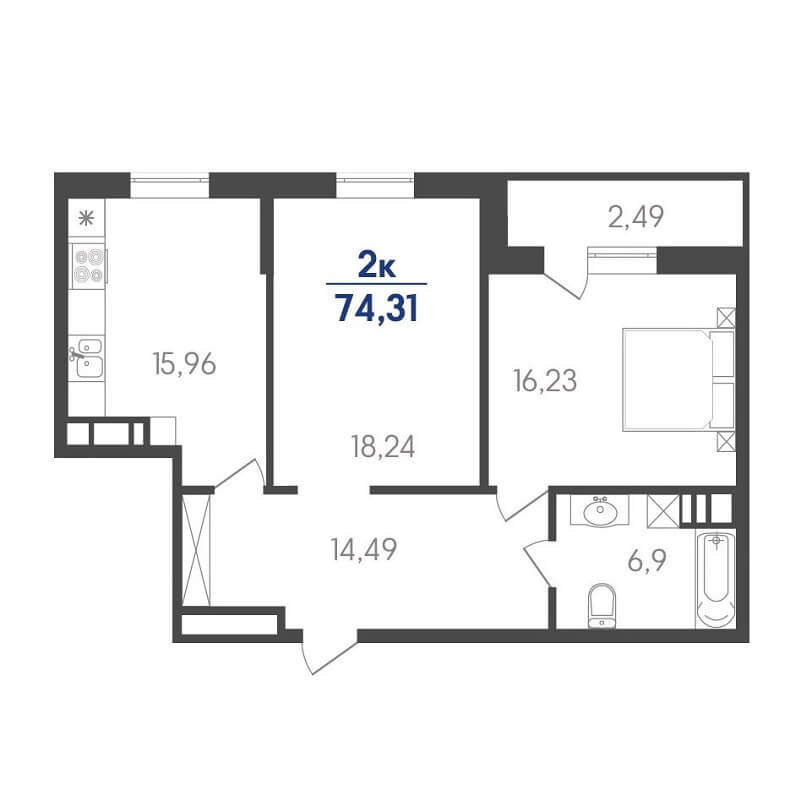 Планировка 2 комнатной квартиры на продажу, S = 74,31 / 34,47 м²