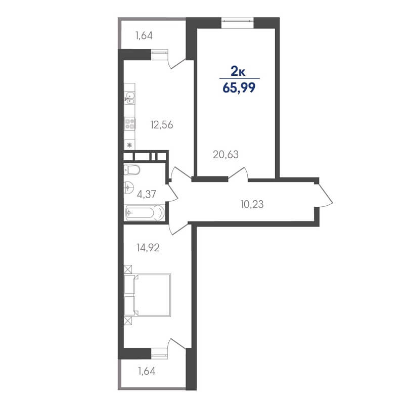 Планировка двухкомнатной квартиры на продажу, S = 65,99 / 35,55 м²