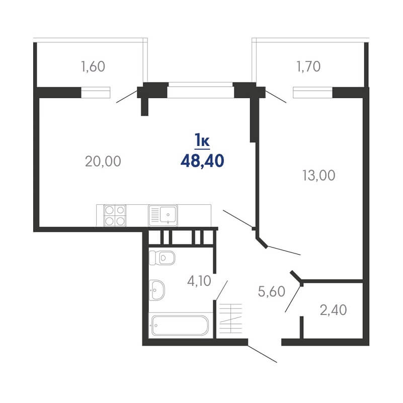 Планировка квартиры еврооднушки на продажу, S = 48,40 / 13,00 м²