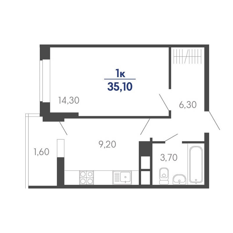 Планировка однокомнатной квартиры на продажу, S = 35,10 / 14,30 м²