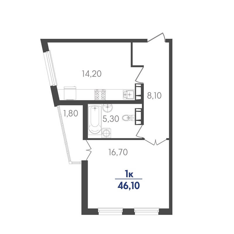 Планировка однокомнатной квартиры на продажу, S = 46,10 / 14,20 м²
