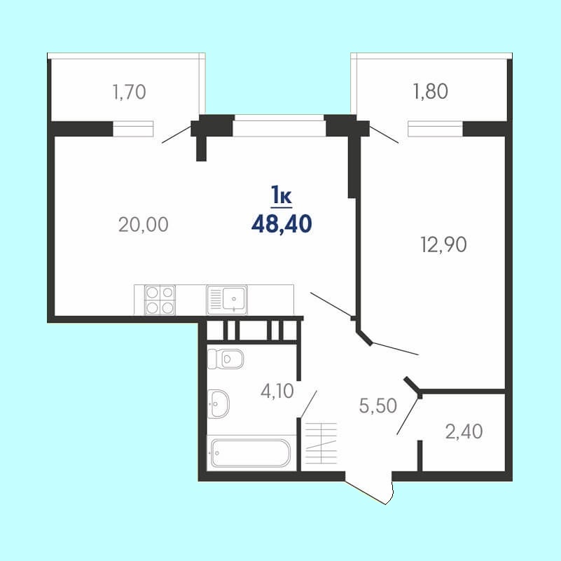 Квартира 1 комнатная «еврооднушка» № 307, этаж 5 — ЖК Абрикосово