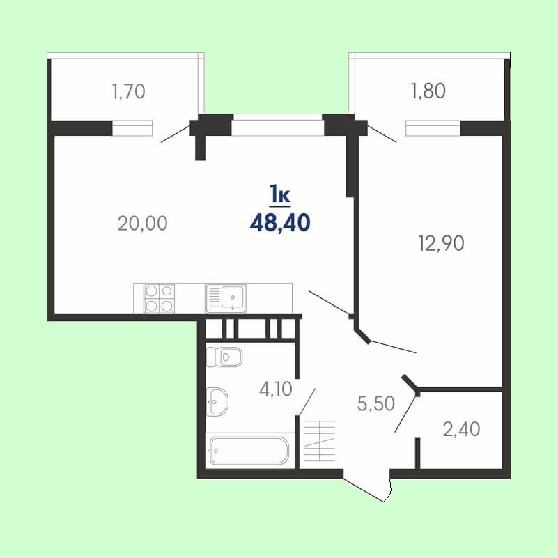 Евро однокомнатная квартира планировка, S = 48,40 / 12,90 м²