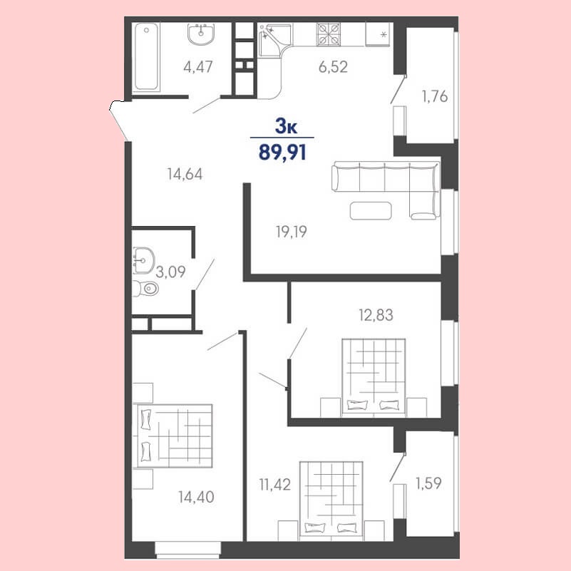 Планировка евро 3 комнатной квартиры, S = 89,91 / 57,84 м²