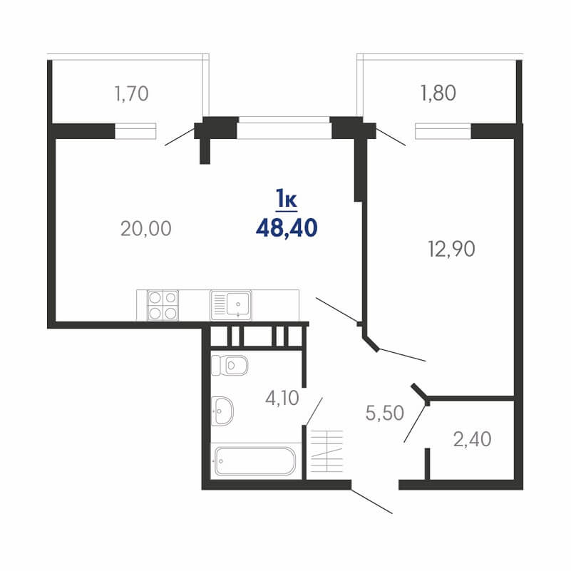 Квартира евро однушка планировка, S = 48,40 / 13,00 м²