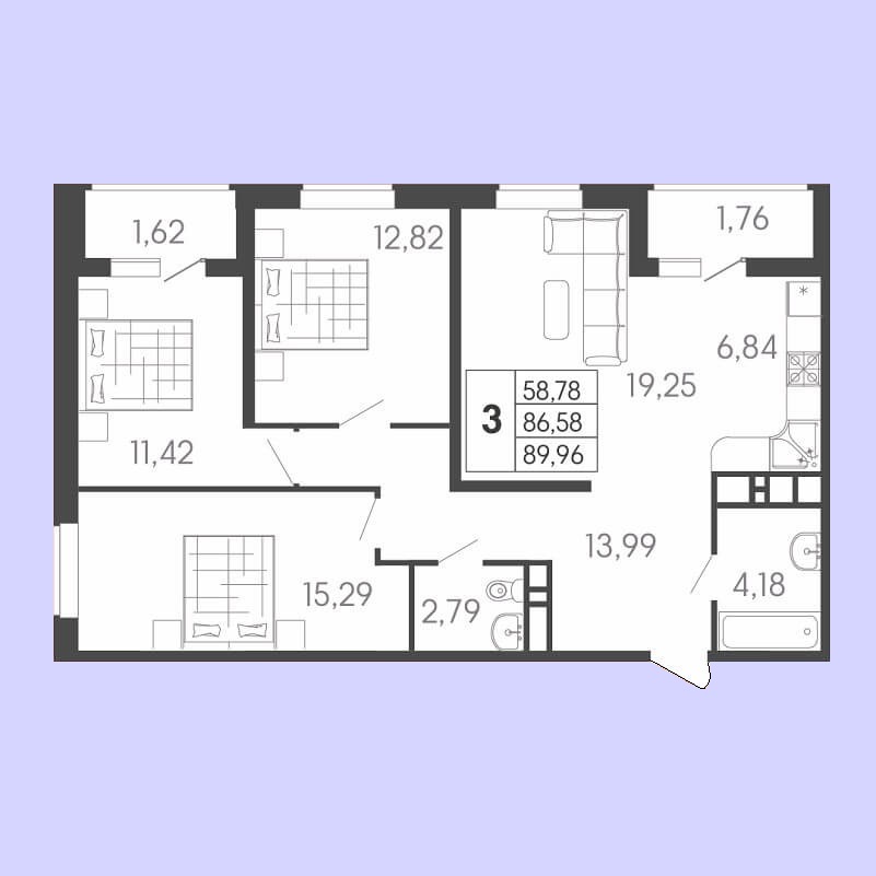 Планировка евро 3 комнатной квартиры, S = 89,96 / 58,78 м²