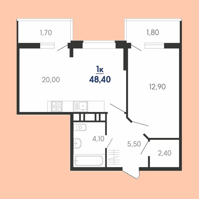 Евро 1 комнатная квартира планировка, S = 48,40 / 12,90 м²