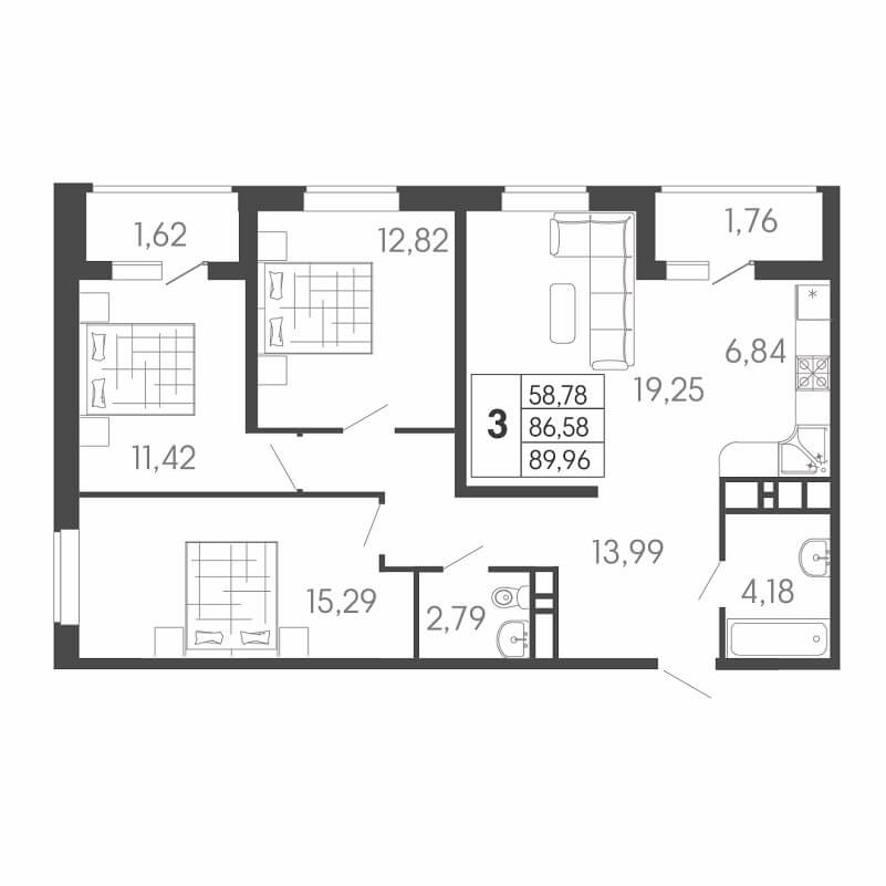 Планировка евротрешки с кухней гостиной, S = 89,96 / 58,78 м²