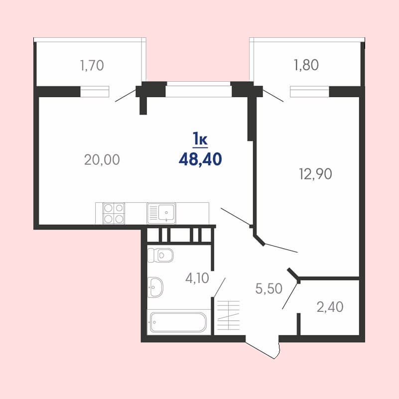Квартира еврооднушка планировка, S = 48,40 / 12,90 м²