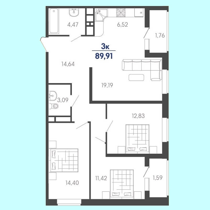 Планировка евро 3 комнатной квартиры, S = 89,91 / 57,84 м²