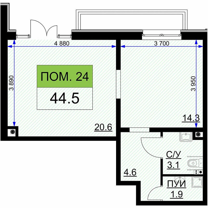 Планировка коммерческого помещения, S =44,5 м²