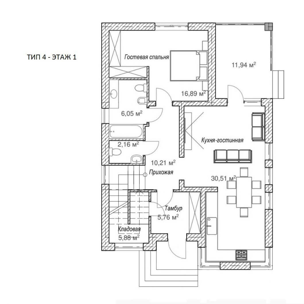 План 1 этажа дома на продажу 155 м2 на 5 сотках