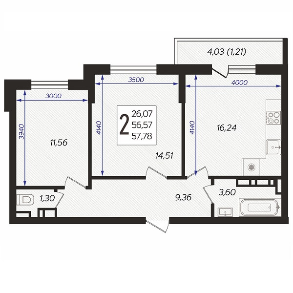 Планировка 2-комнатной квартиры, S=57,78 м2