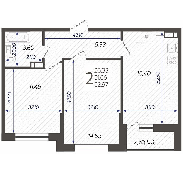 Планировка 2-комнатной квартиры, S=52,97 м2