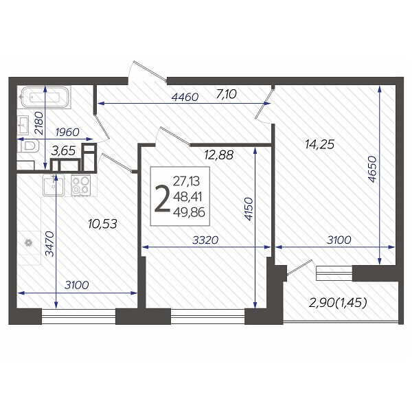 Планировка 2-комнатной квартиры, S=49,86 м2