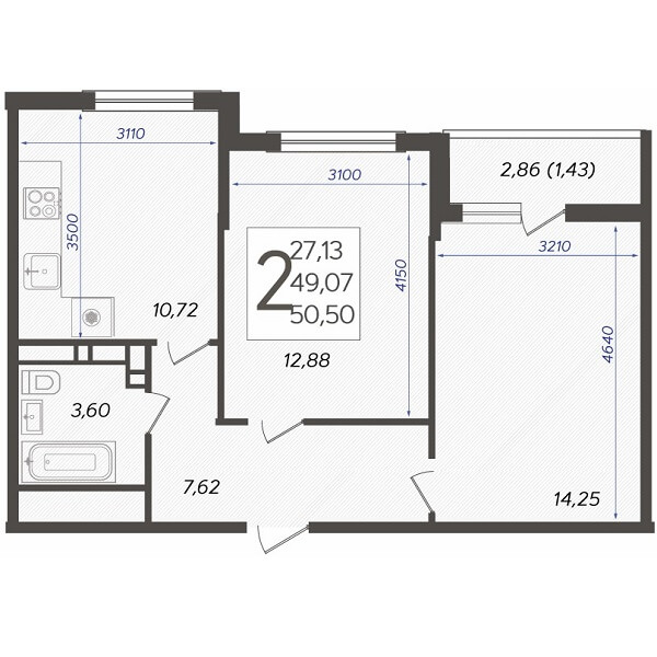 Планировка 2-комнатной квартиры, S=50,50 м2