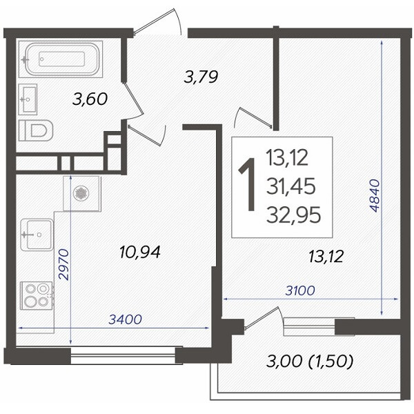 Планировка 1-комнатной квартиры, S=32,95 м2