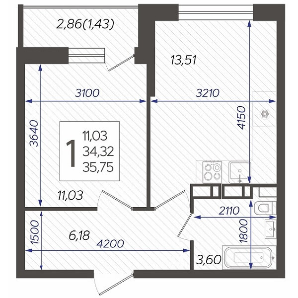 Планировка 1-комнатной квартиры, S=35,75 м2