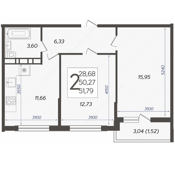 Планировка 2-комнатной квартиры, S=51,79 м2