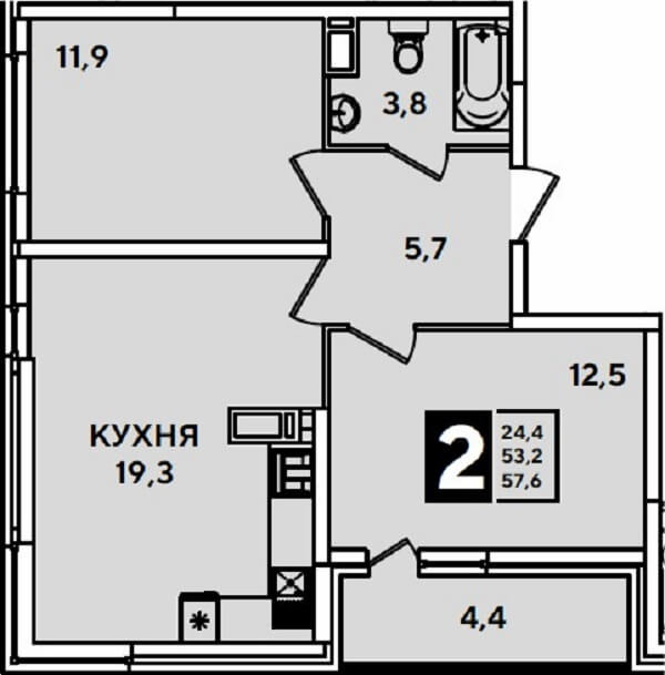  Планировка 2-к. кв., S=57,6 м²